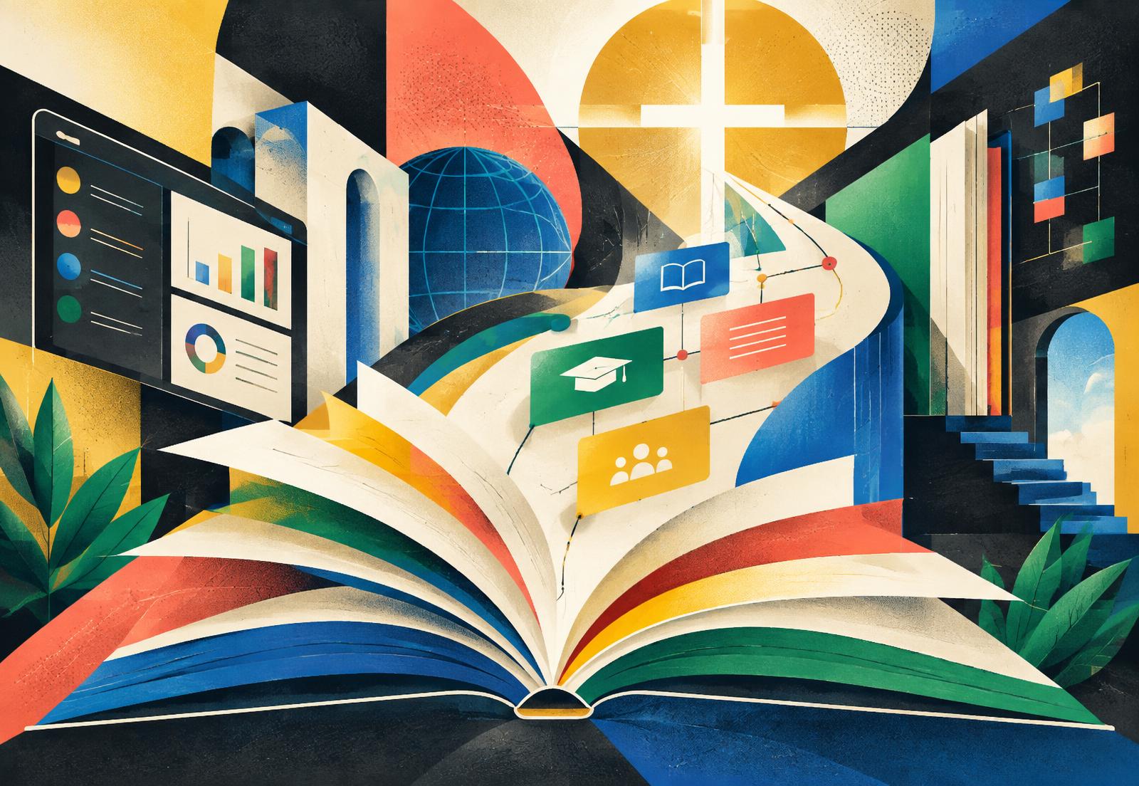 Colorful abstract artwork representing connected learning, open books, and digital academic management