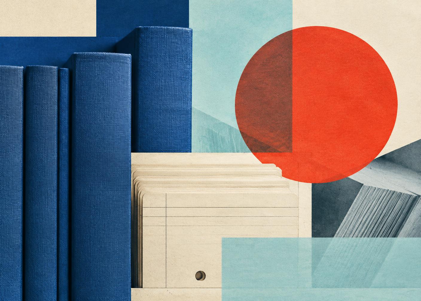 Editorial artwork of books and library catalog cards